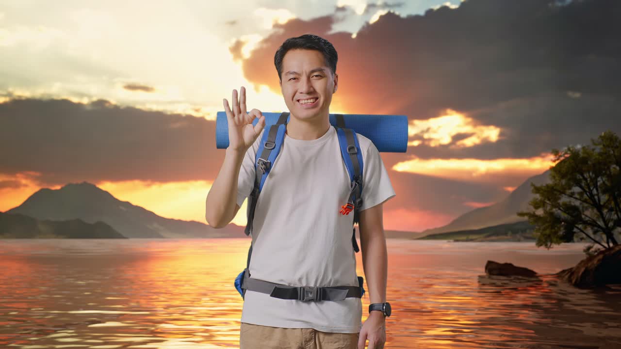 Asian Male Hiker With Mountaineering Backpack Smiling And Showing Okay Gesture To Camera At A Lake