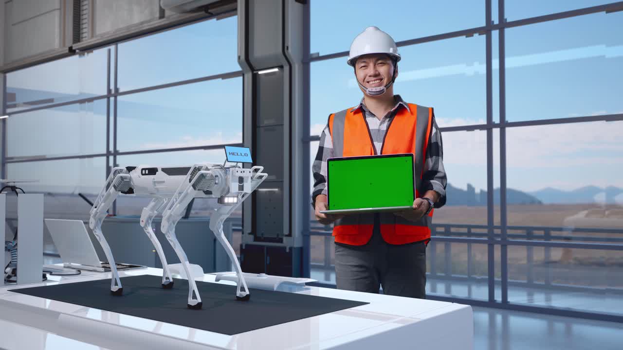 ingeniero con un robot y una computadora portátil