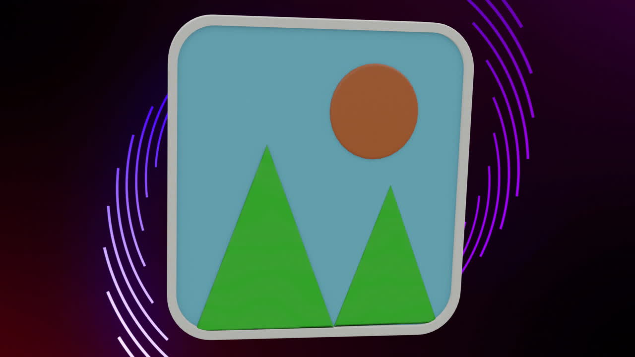 animación de iconos de paisajes fotográficos 3d que giran sobre una espiral púrpura sobre un fondo negro