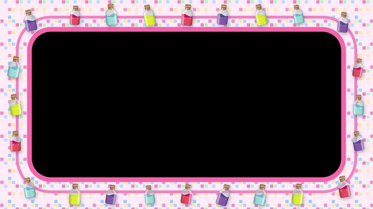 Animated pastel frame overlay with colorful potion bottles and confetti dots surrounding central copy space.