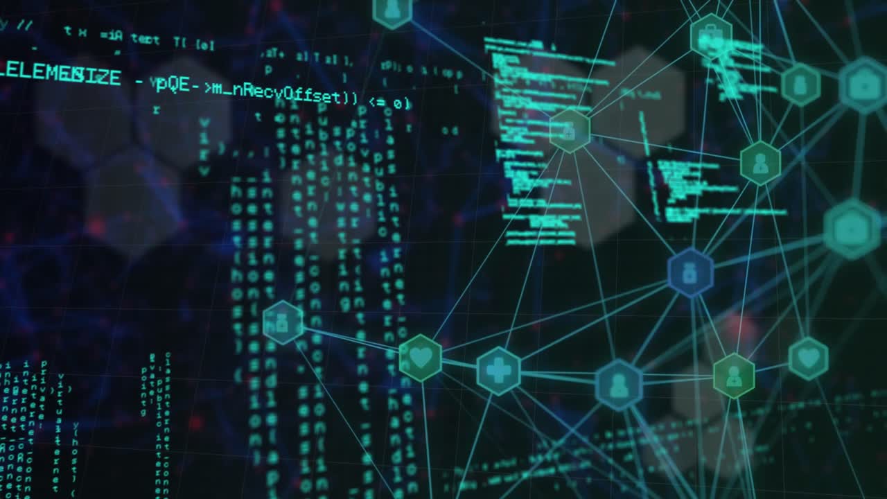 Animation of data processing and network of digital icons over hexagonal shapes on black background