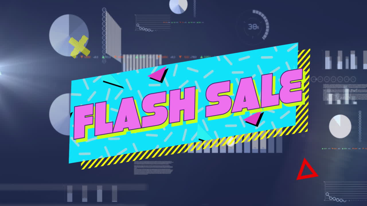 Flash Sale text animation over dynamic financial data and charts background