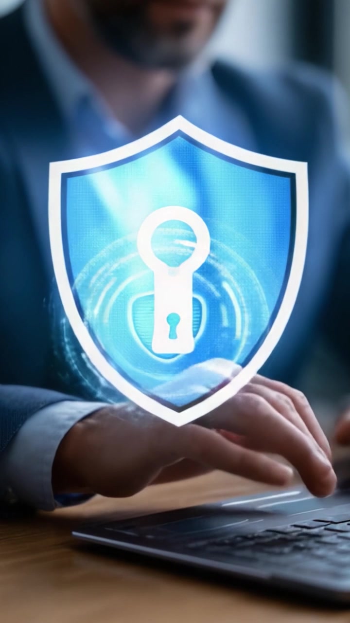 Un professionista in abito interagisce con interfacce di sicurezza digitale mentre lavora su un laptop, dimostrando i progressi nelle tecnologie di cybersecurity e nella protezione dei dati.