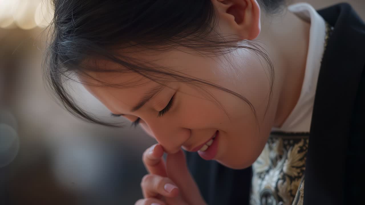 Smiling adult Asian woman lifting right hand toward mouth in warmly lit cafe, patterned top visible