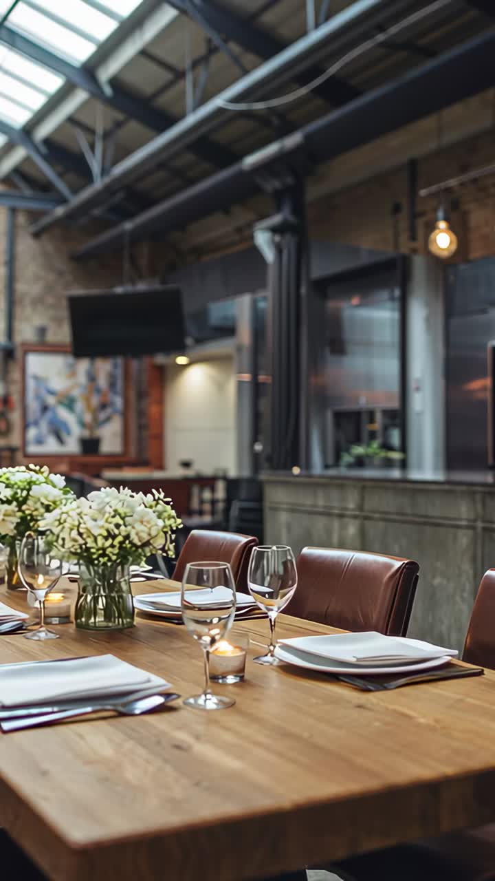 Vertical video: Panning camera from wide, moving right, framing place settings and vase in loft