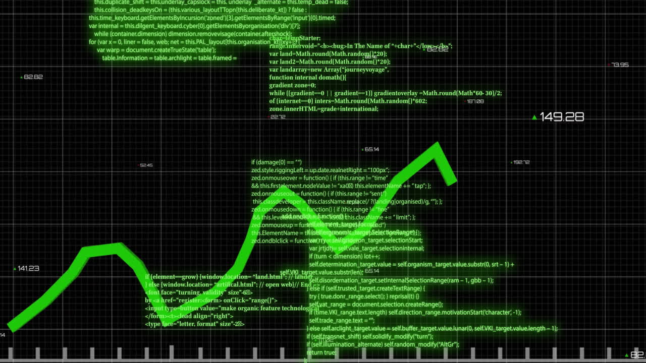 녹색 선의 애니메이션과 그리드 위의 디지털 데이터 처리