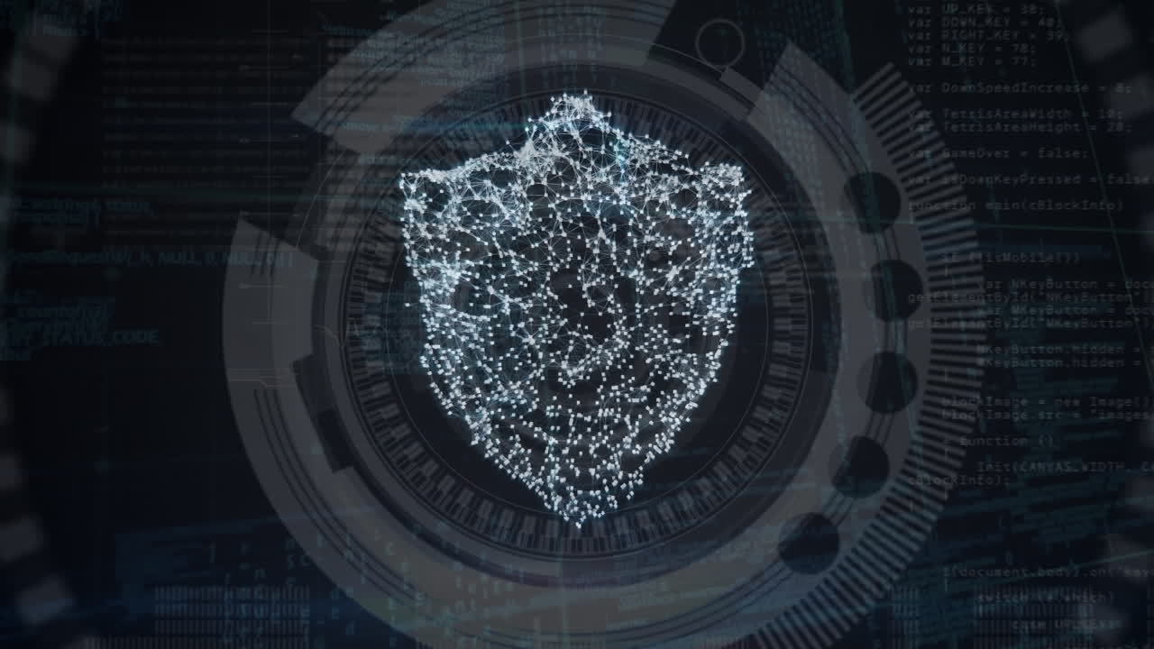 animación del escudo digital sobre fondo negro con círculos giratorios