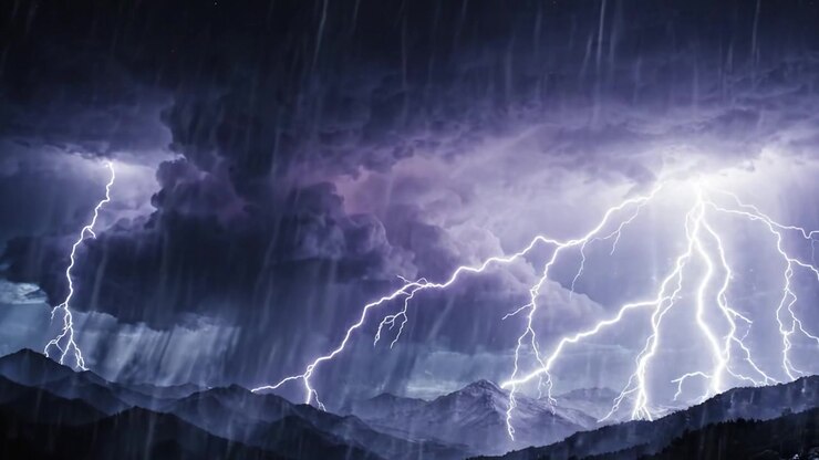Un temporale drammatico che si scatena su montagne maestose, che mostra intensi fulmini, nuvole scure e minacciose e piogge torrenziali che rivaleggiano con gli scenari naturali più selvaggi
