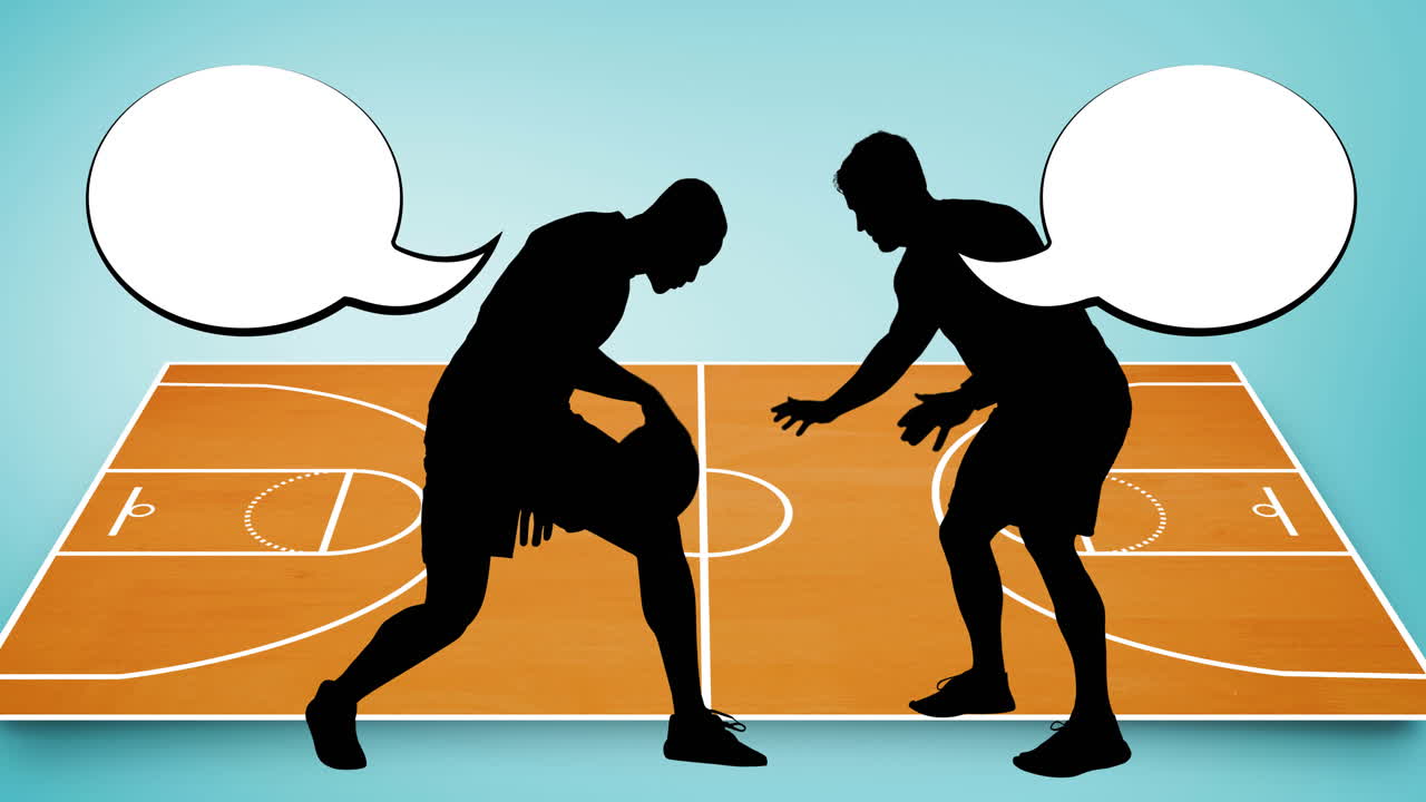 animación de la silueta de jugadores de baloncesto con burbujas de habla sobre fondo azul