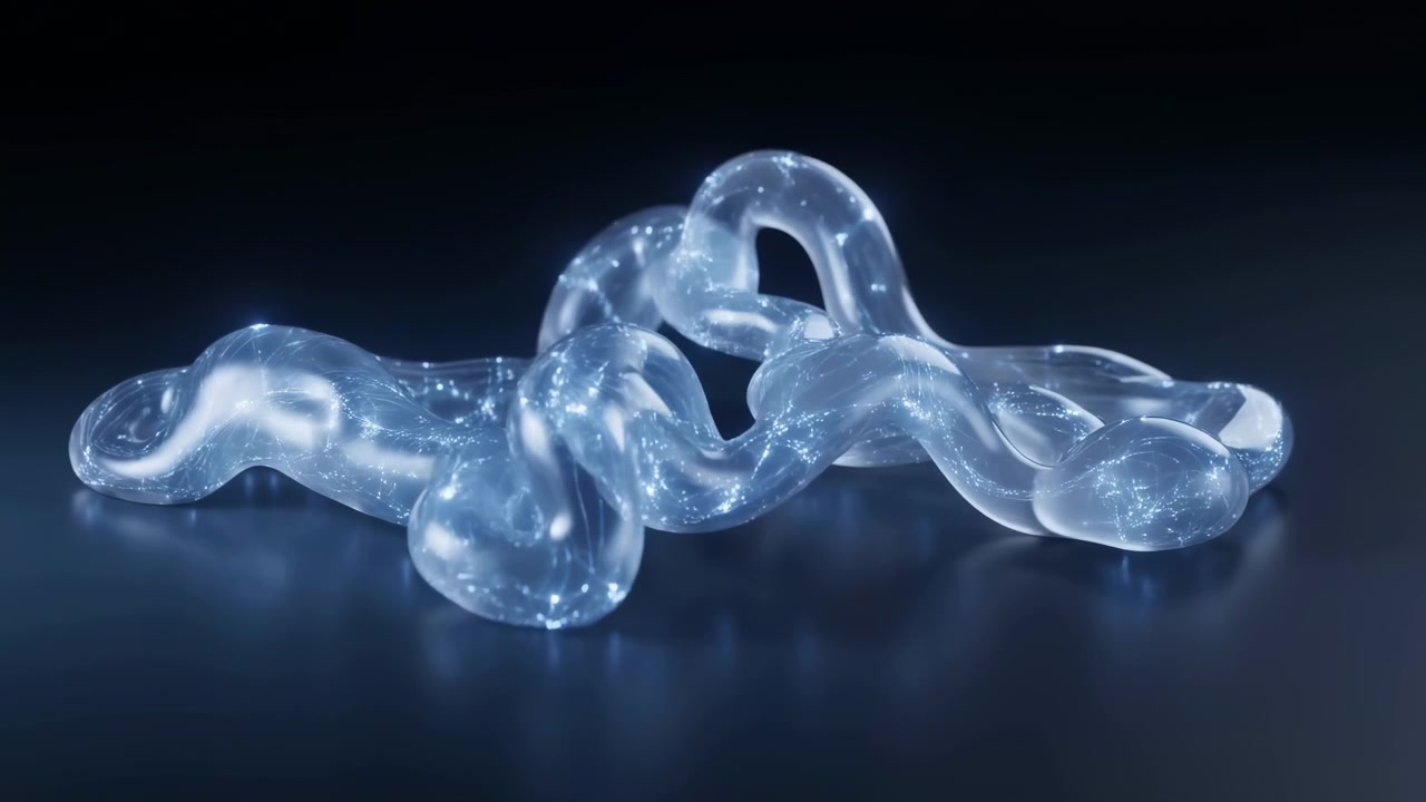 Close-up shows translucent glasslike tubes and rounded nodes crossing over glossy reflective surface, with cool blue studio light, soft highlights, dark backdrop, clean abstract futuristic biotech