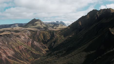 Aerial-thor-valley-grassy-forest-mountain-ranges,-glacier-in-distance,-famous-icelandic-national-park-landmark-landscape