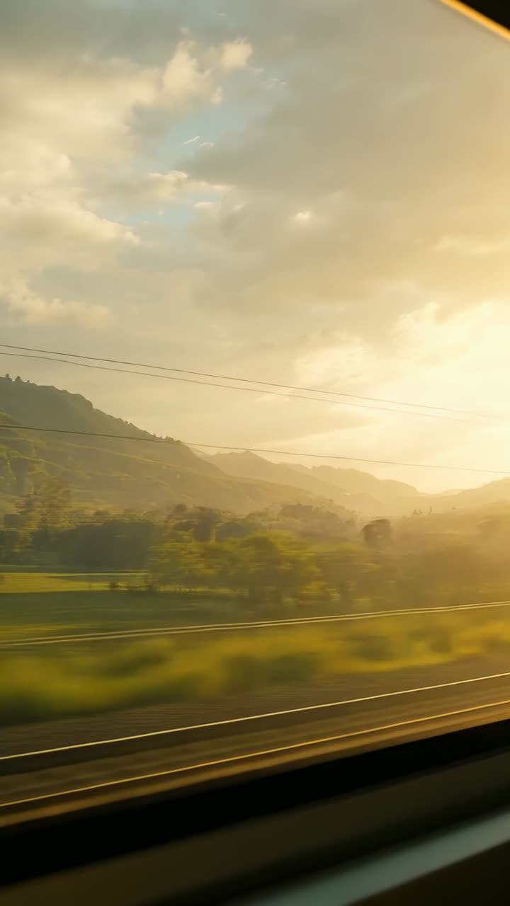 Vertical video: Rolling train window showing tracks in valley with telephone poles and power lines