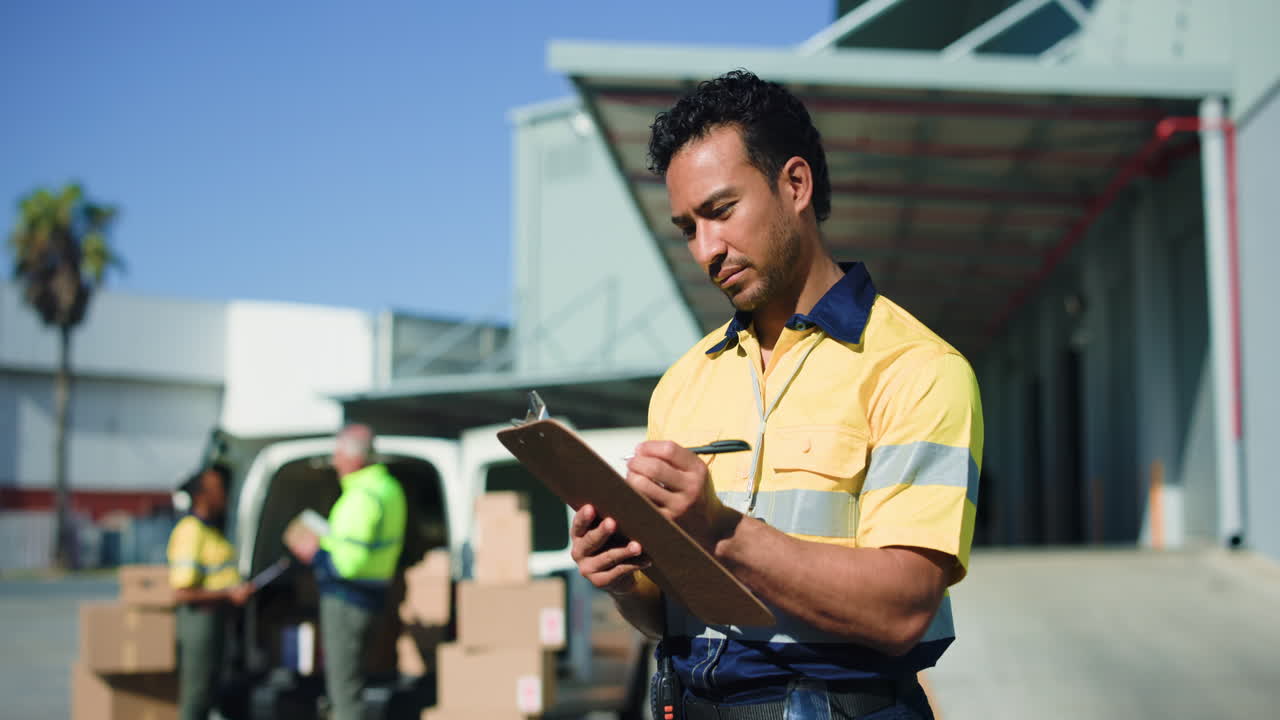 Focused Worker in High-Visibility Uniform Writing on Clipboard at Warehouse