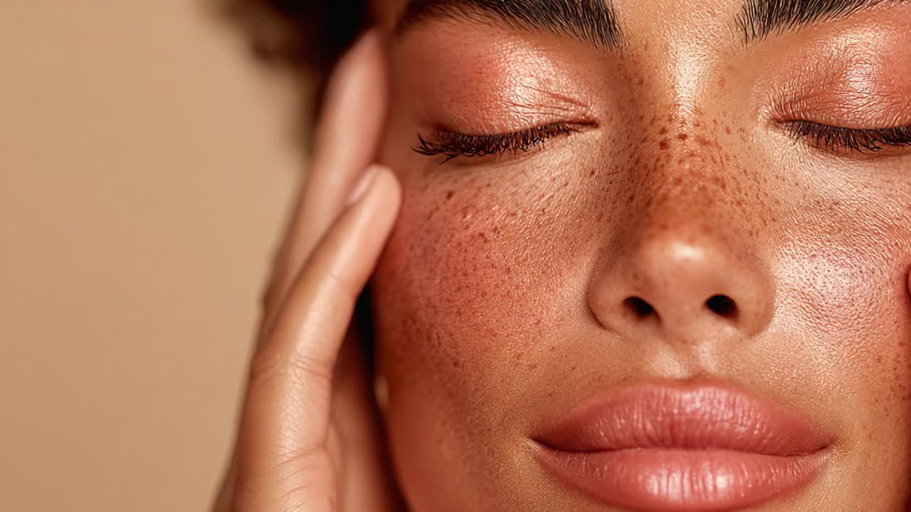 Primer plano de un rostro de belleza natural con pecas, rasgos suaves y expresiones delicadas que resaltan la elegancia y diversidad de los tonos de piel