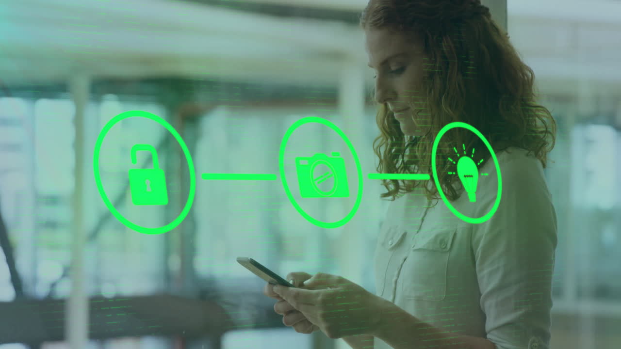 animación de una red de conexiones con iconos sobre una mujer caucásica usando un teléfono inteligente