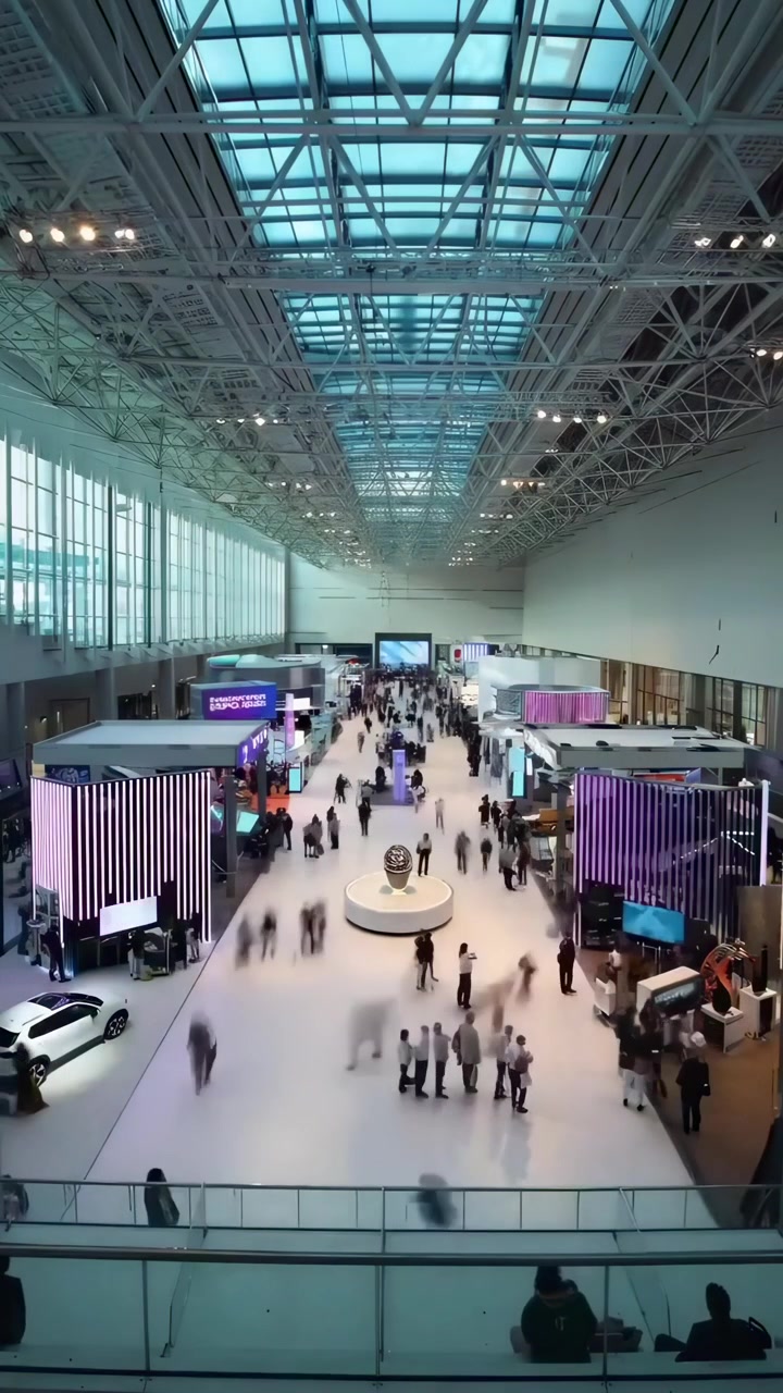 Time-lapse di persone che camminano in una moderna sala espositiva