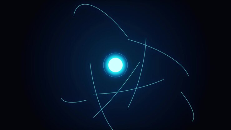 Abstract Animation of a Glowing Blue Atom Rotating in Dark Space
