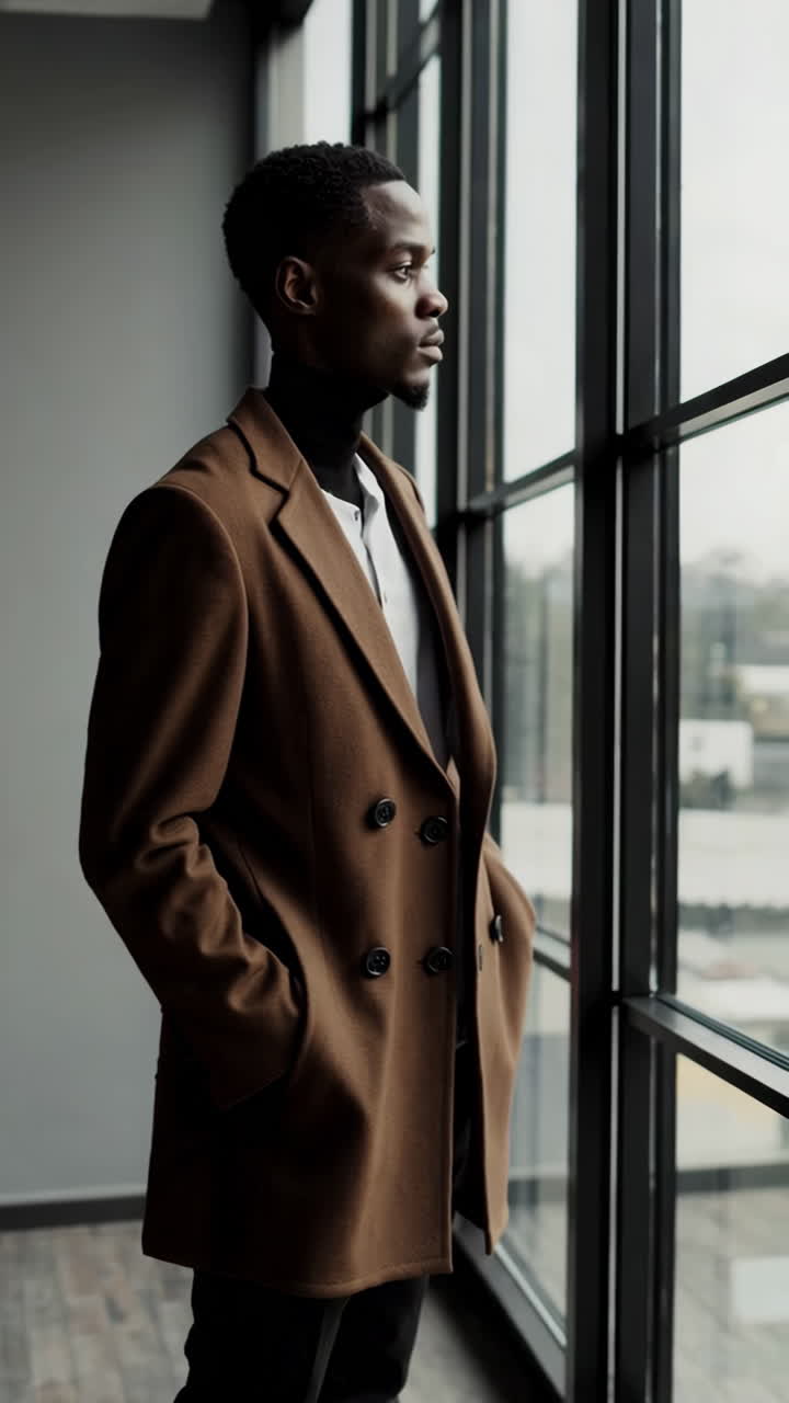 Uomo elegante in cappotto marrone in posa vicino a una finestra