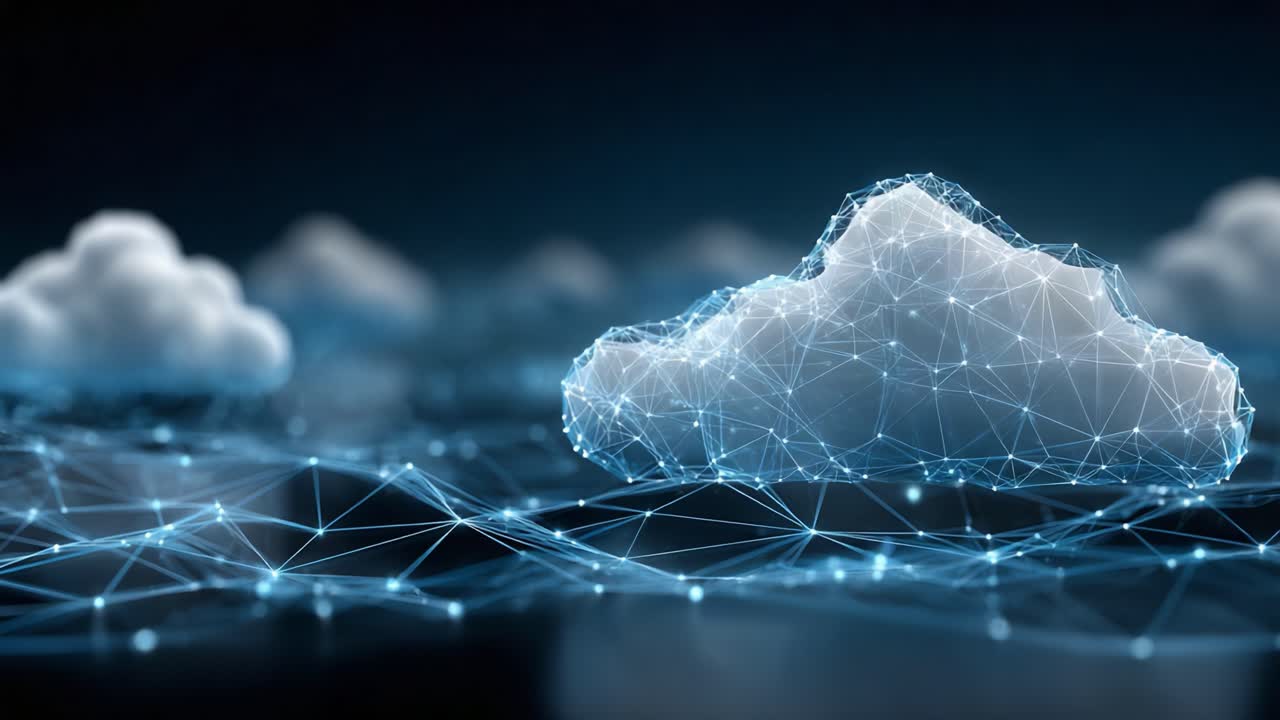 A Futuristic Representation of Cloud Computing with Abstract Technological Elements and a Network of Data Connectivity Illustrating Server Infrastructure