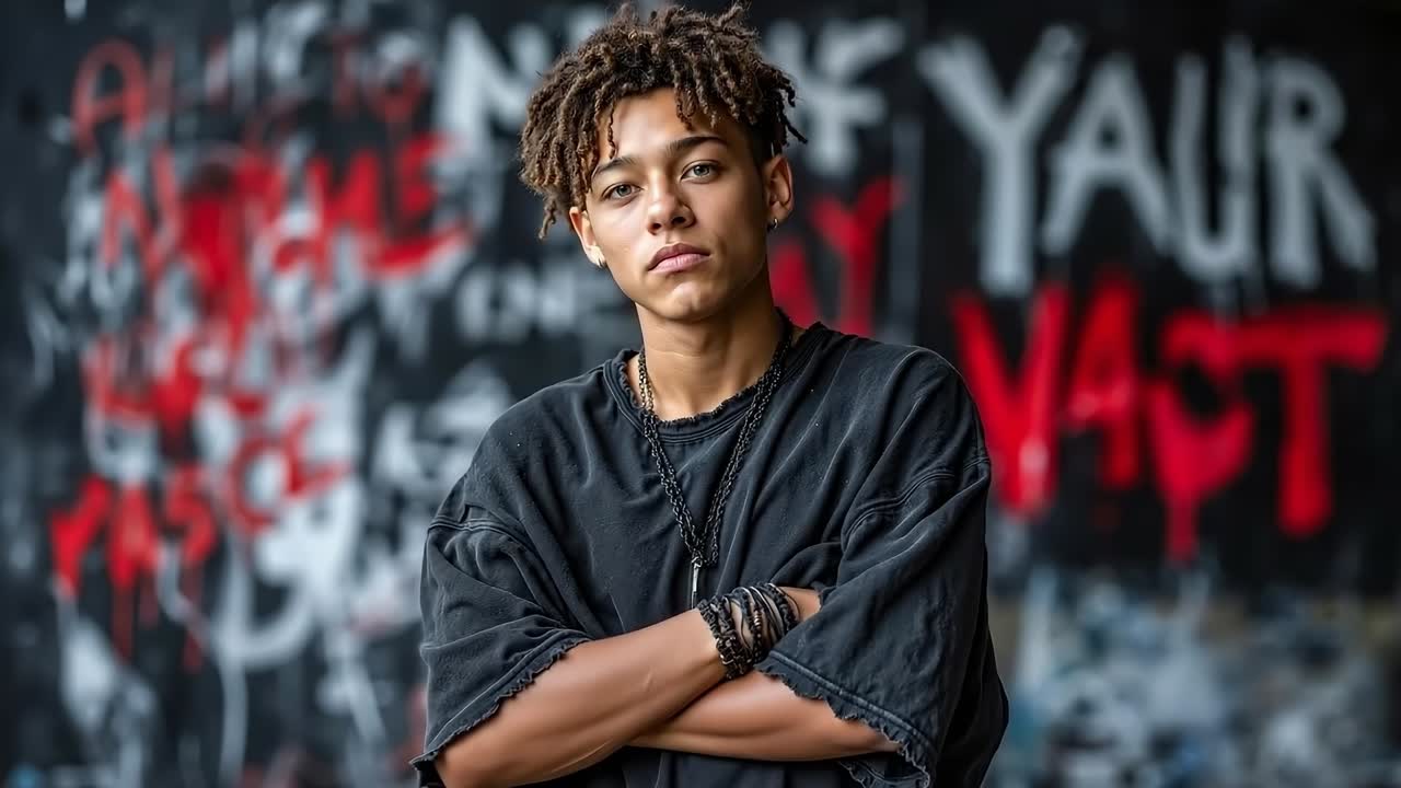 A young man with dreadlocks standing in front of a graffiti covered wall