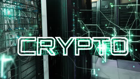 animation of crypto text over illuminated abstract pattern against server racks in server room