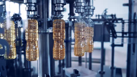 botellas de plástico con aceite que se mueven en círculo. equipos industriales que llenan el aceite de girasol en las botellas. producción de la fábrica de aceite de cocina.
