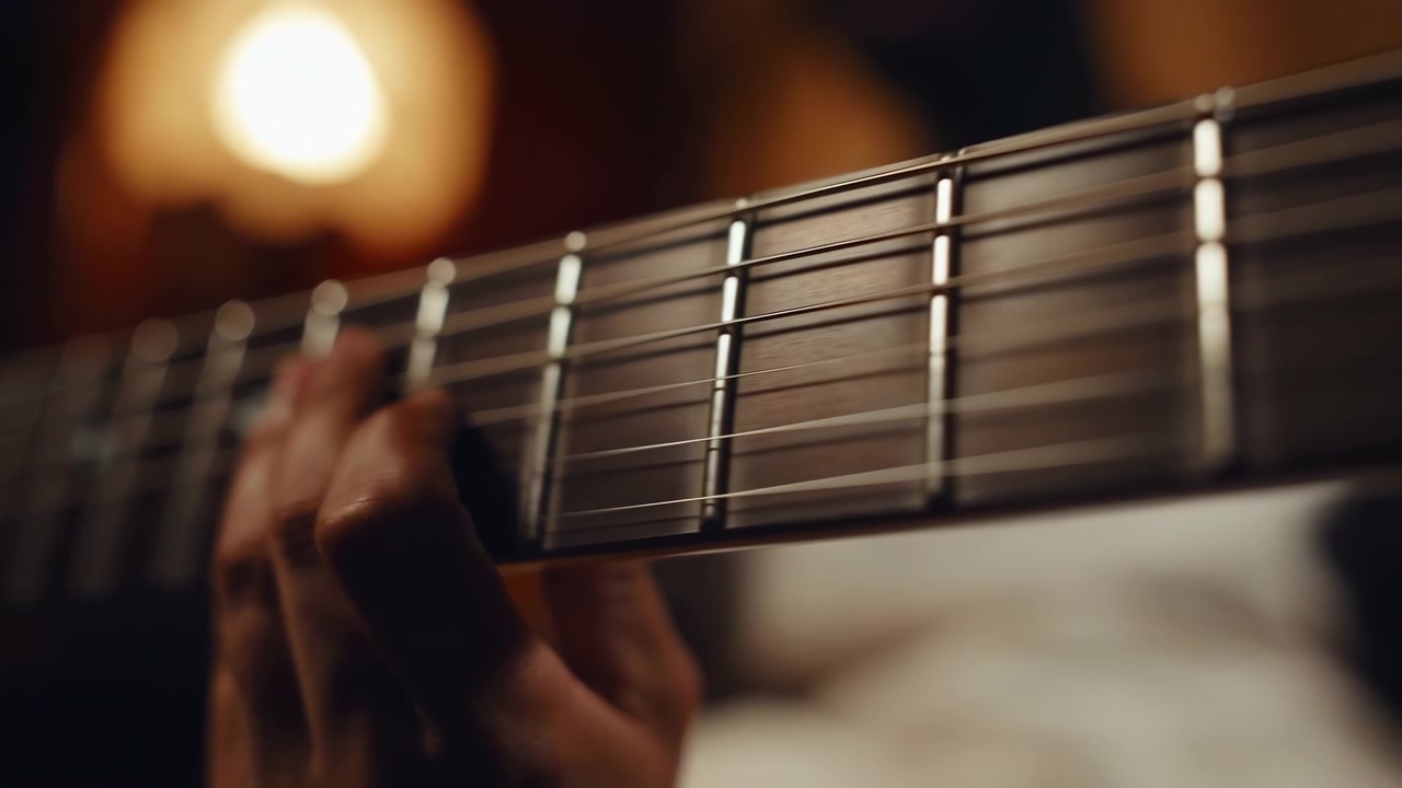 Inquadratura ravvicinata in widescreen di una mano sinistra che preme le dita sulla tastiera di una chitarra acustica vicino ai tasti metallici, con tastiera in legno scuro e segnatasti intarsiati visibili