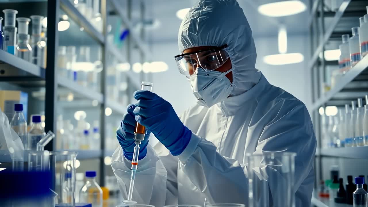 Scientist in protective gear works in a lab, focusing on a test tube