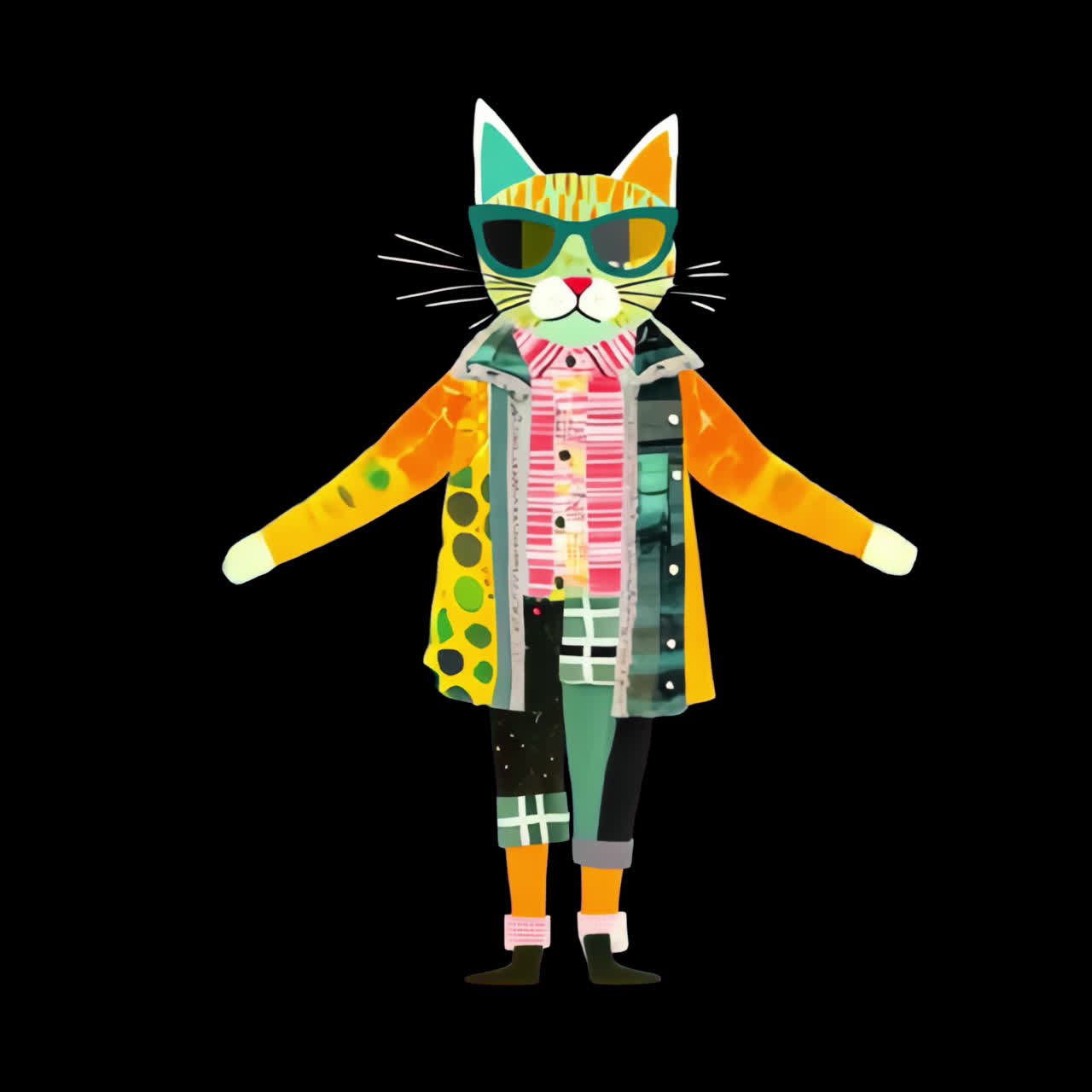 Stylish cat wearing colorful outfit animation isolated asset, transparent 4K video, alpha channel