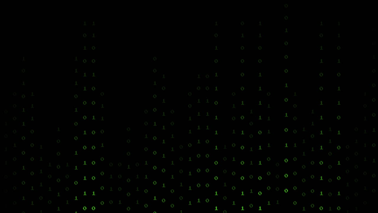 Animation of green binary coding data processing over black background