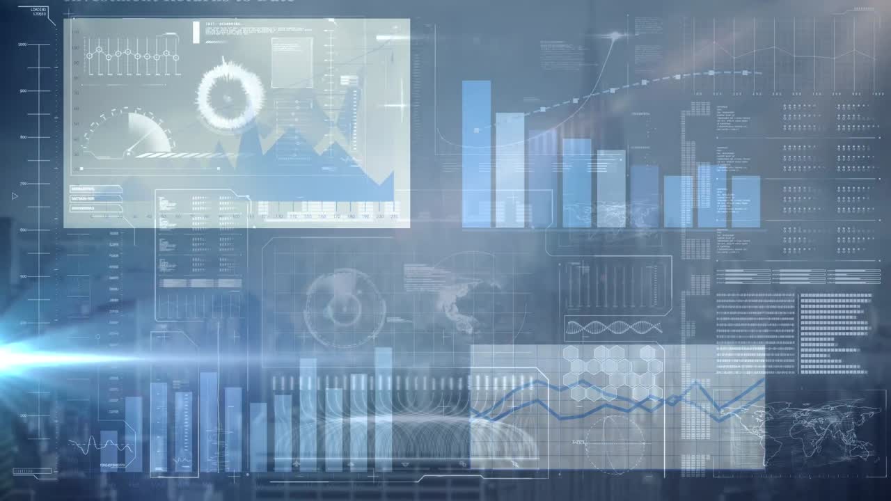 Animation of data processing over cityscape