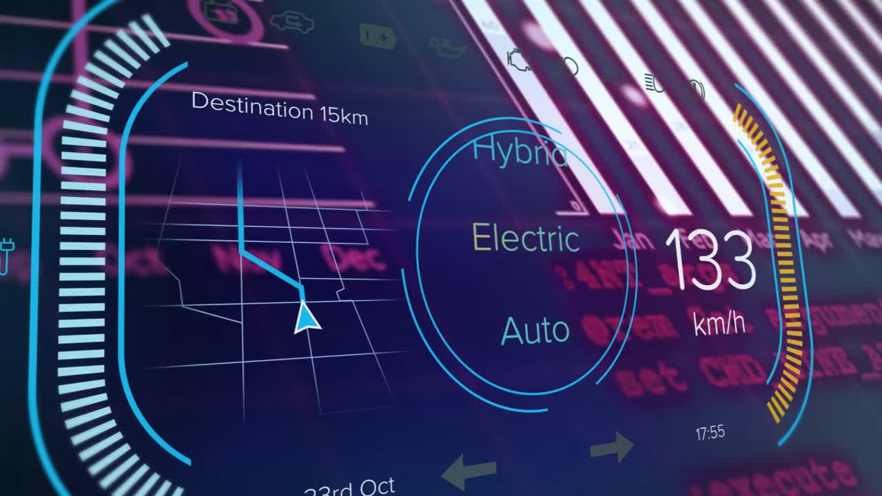 파란색 배경에 대한 속도계 인터페이스와 통계 데이터 처리의 애니메이션