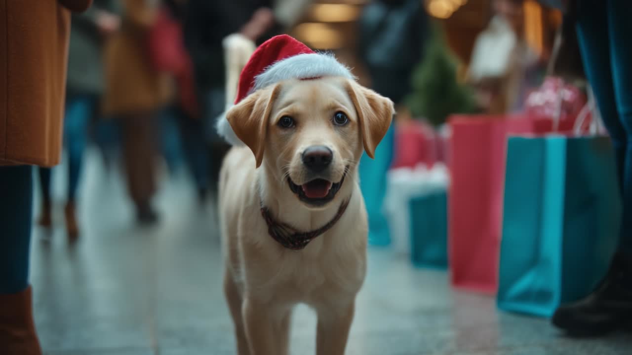 Joyful Dog with Santa Hat Spreading Holiday Cheer Amidst Festive Crowd with Colorful Bags and Decorations in a Picturesque Scene Capturing the Spirit of Christmas Celebrations