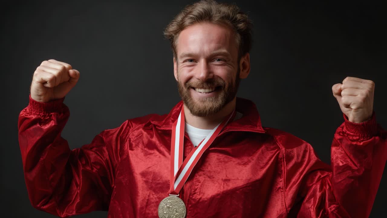 Celebrating Achievement: A Joyful Athlete in a Red Jacket Displays His Hard-Earned Medal with Pride and Excitement, Capturing the Essence of Victory and Dedication