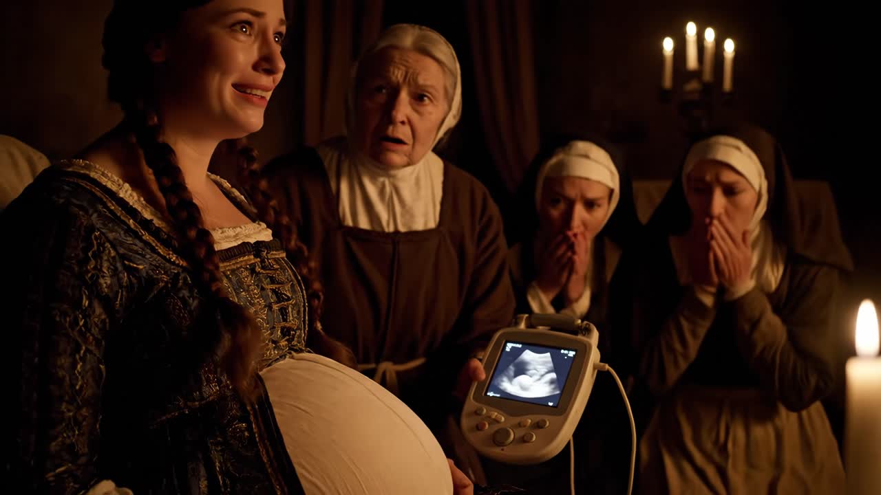 Pregnant Woman and Nuns Look at Ultrasound Scan