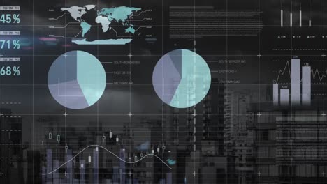 Animation of financial data processing over cityscape