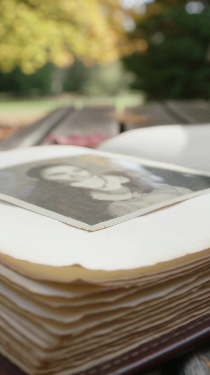 Vertical video: Turning album pages showing portrait while camera pulling back to show picnic table