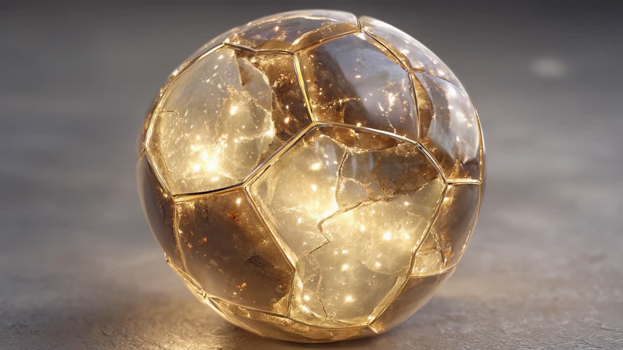 En betagende udsigt til en revnet fodbold med en glødende kerne, der viser et indviklet design og glimtende lyseffekter for en iøjnefaldende visuel oplevelse.