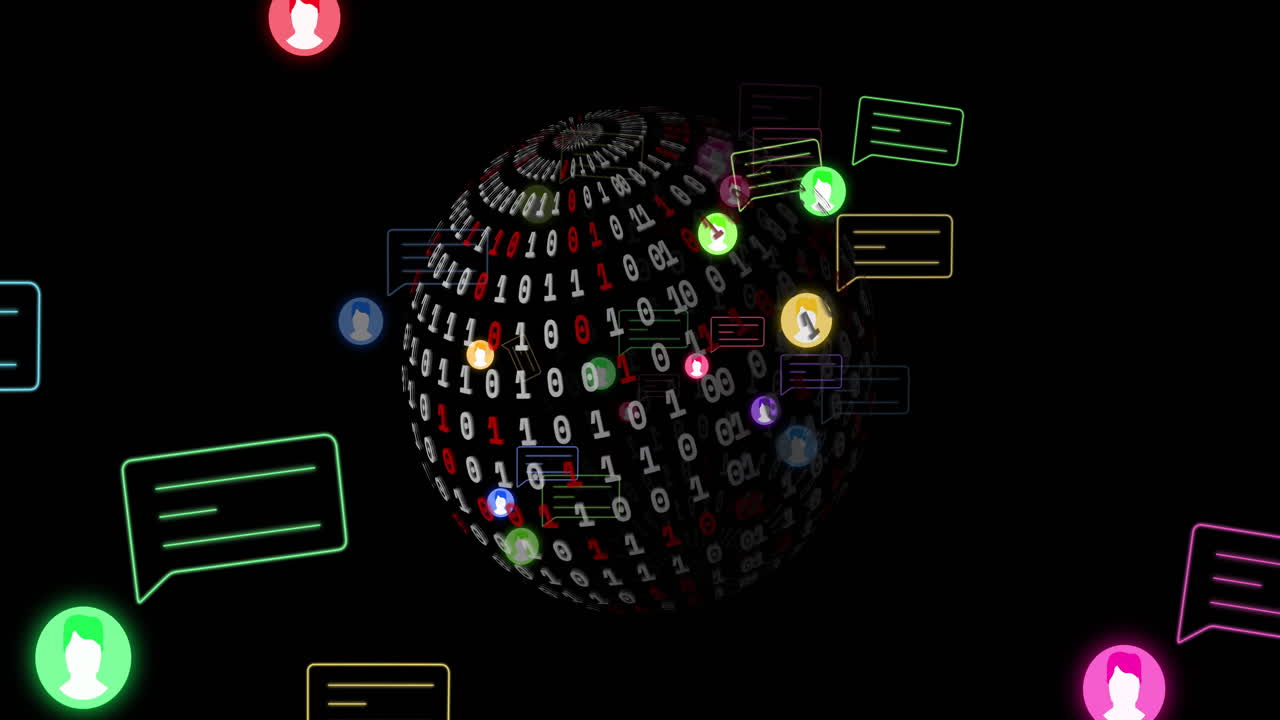 Animation of ai icons and digital data processing with binary coding over globe
