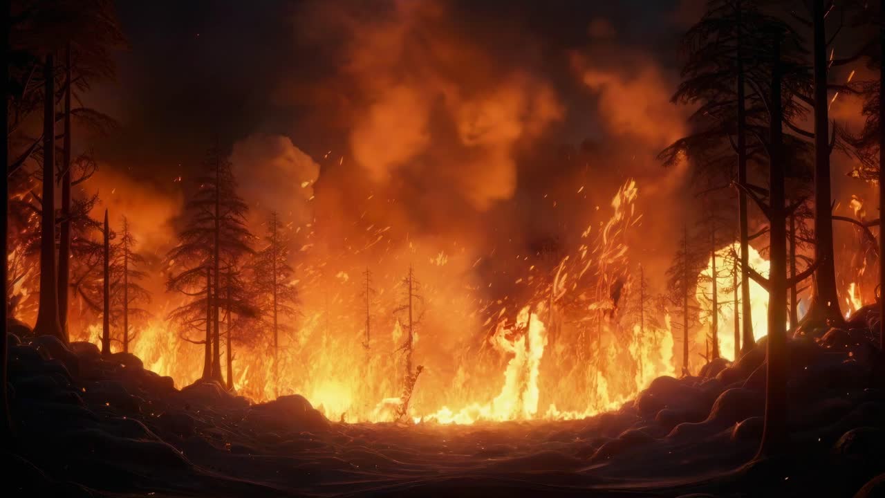 Ripresa video notturna e drammatica dal basso di un incendio boschivo, con fiamme intense e fumo
