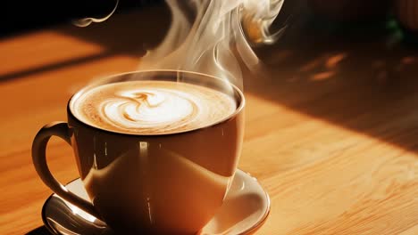 hot latte with steam on a wooden table