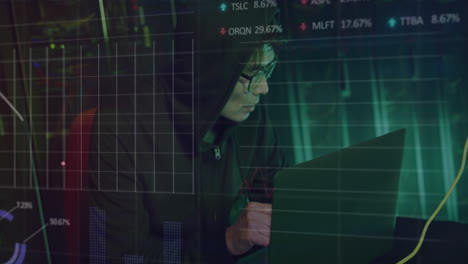 animation of data over asian male hacker in hoodie using laptop by computer server