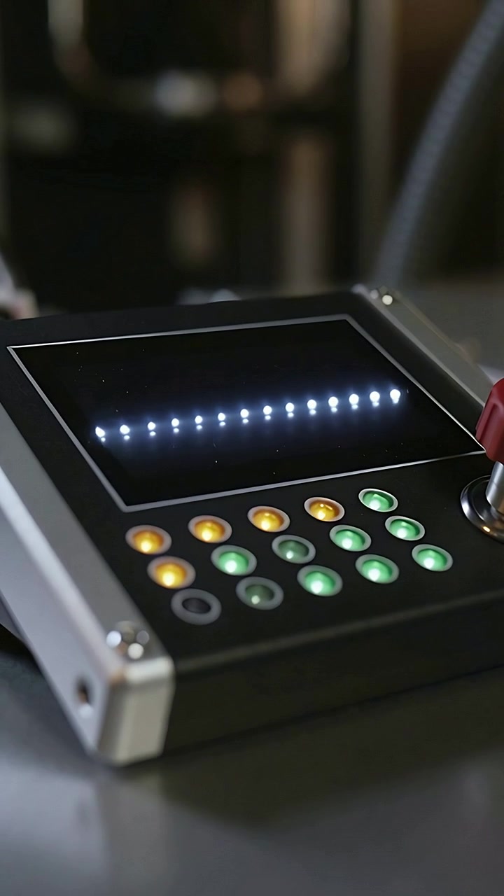 Vertical video: Powering control panel cycling LEDs, indicating status on bench with red joystick