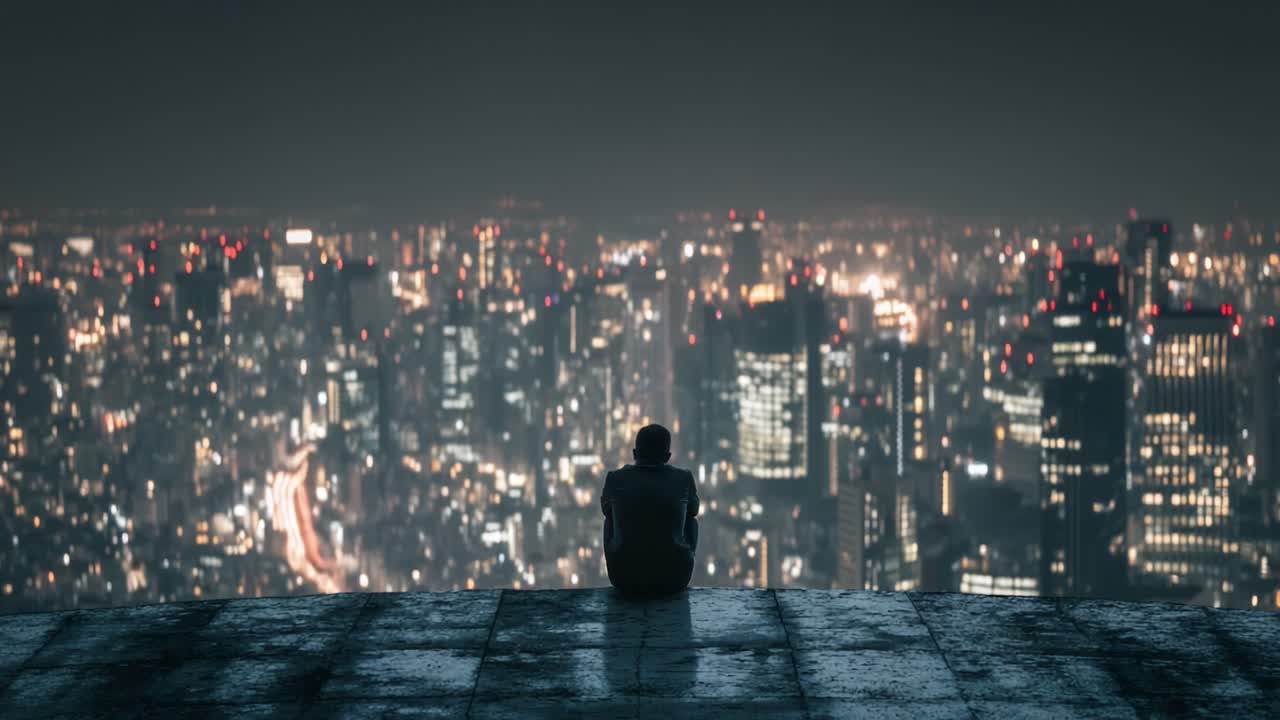 広大な都市の夜景、きらめく街の明かりと広がるスカイラインの中で、孤独な人影が人生を深く見つめ、物思いにふけっています。