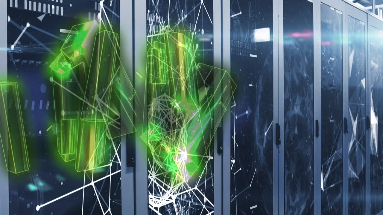 animación de formas en movimiento y red de conexiones a través de la sala de servidores