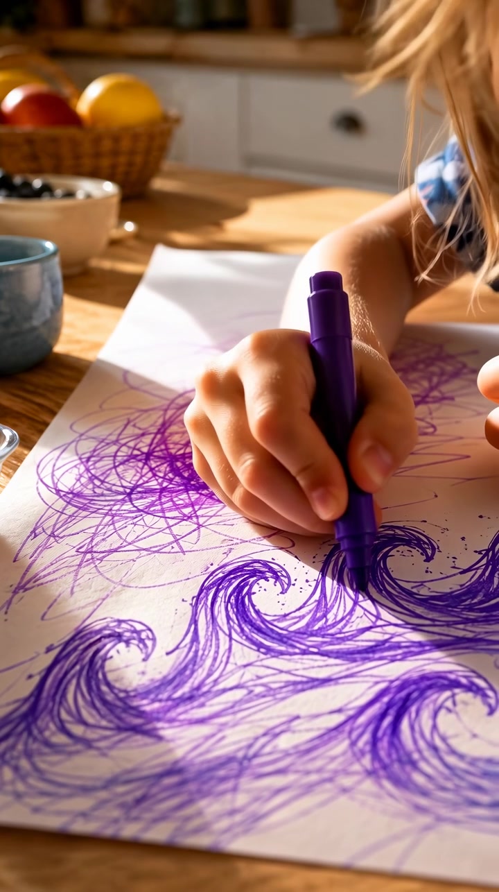 Close view shows hand using purple marker to add swirling lines on white paper, with gradual pattern growth, warm indoor lighting, tabletop setting, and detailed view of drawing motion.