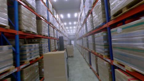 FPV-drone-between-high-multi-storey-shelves-in-frozen-food-storage-warehouse