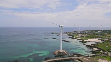 stunning drone view of woljeong beach's pristine shores, a tranquil oasis on beautiful jeju island, with a unique view of wind turbines in right on the waters edge