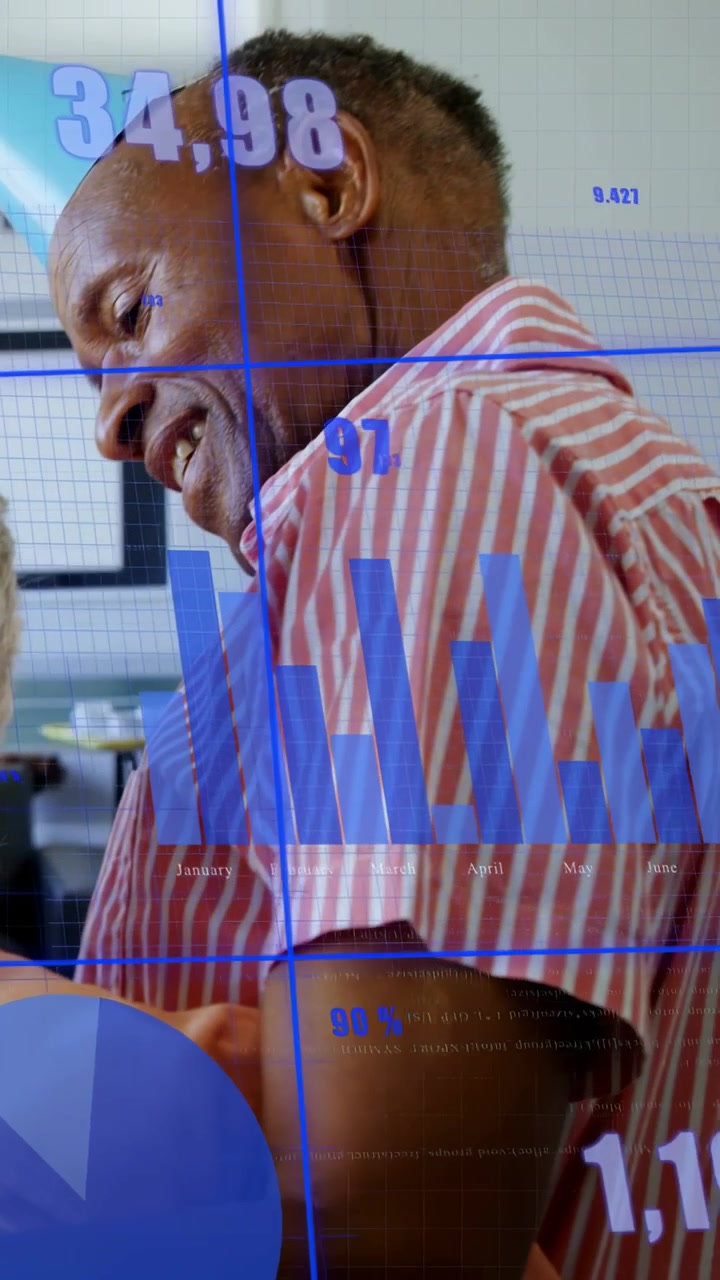 Seniors partying, man entering right, leaning in placing arm, talking, tech overlay obscuring faces