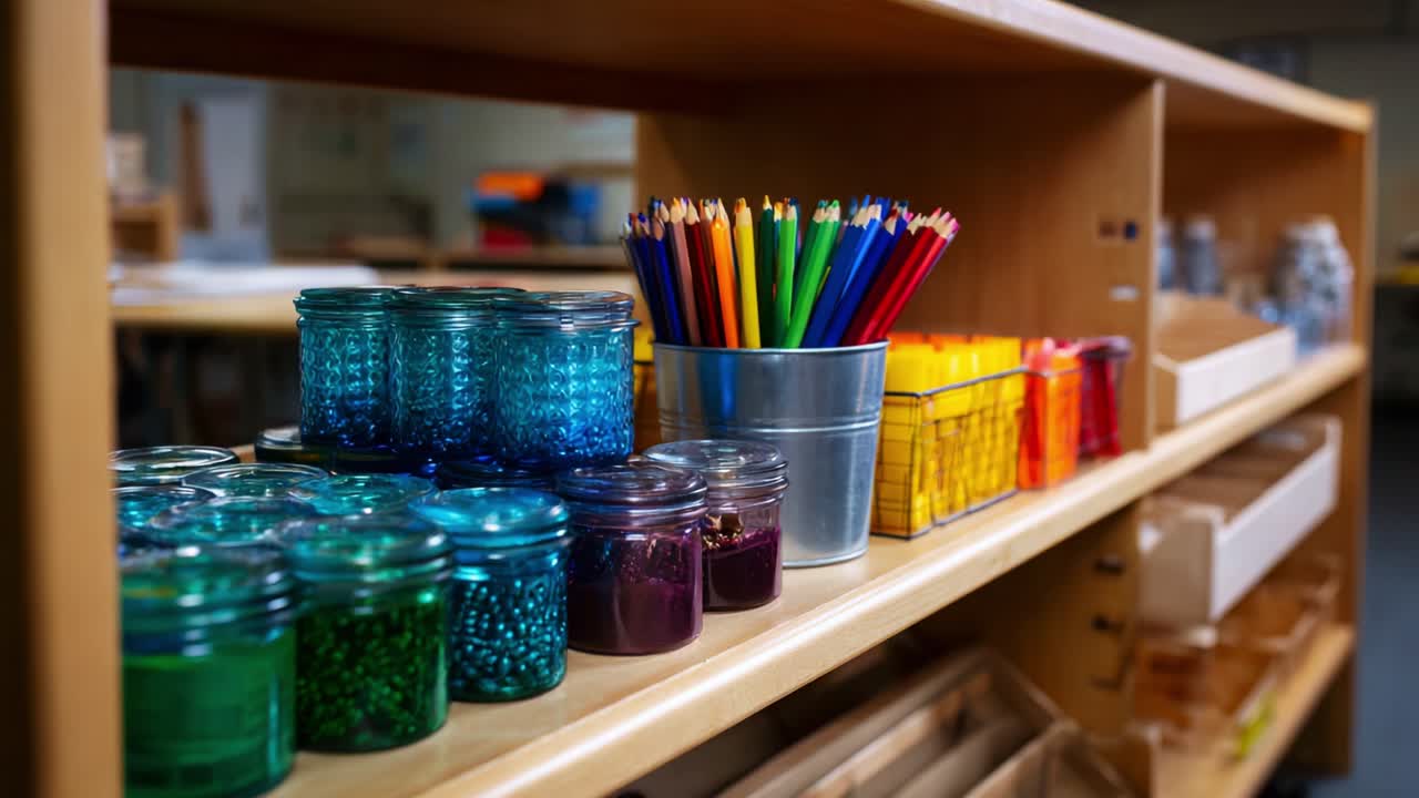 Colorful Art Supplies Displayed on a Wooden Shelf, Featuring Jars and Pencils in a Creative Space Perfect for Crafting and Artistic Projects